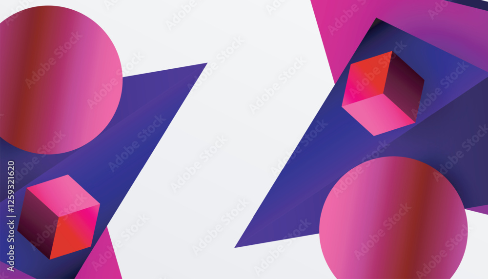 Poster Abstract design showcasing isometric cubes, pyramids, squares, and spheres in a vibrant 3D layout. Modern and dynamic, perfect for tech, design, or futuristic themes