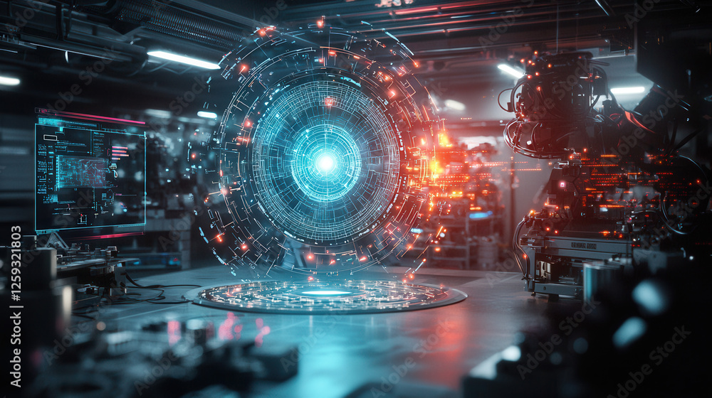 Poster futuristic robotics laboratory with advanced holographic technology and digital interfaces, showcasi
