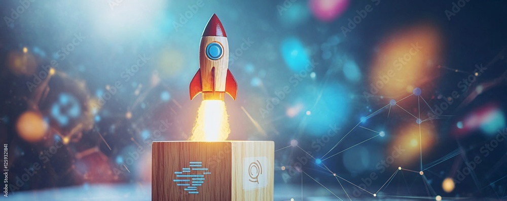Poster Miniature rocket launching from wooden block with digital network