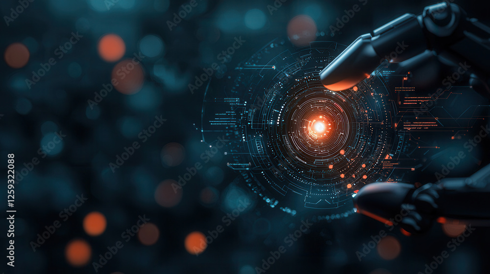 Poster robotic hand interacts with glowing digital interface, showcasing advanced technology and innovation