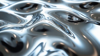 Reflective metallic surface with dynamic waves and ripples, creating an abstract visual effect