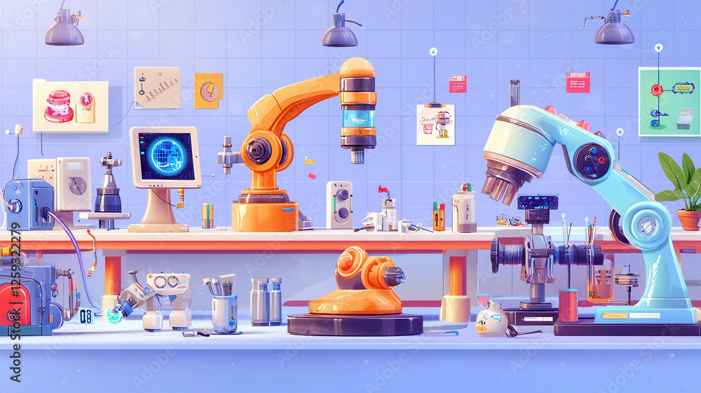 Poster vibrant robotics factory scene showcasing dynamic machinery and tools. workspace is filled with robo