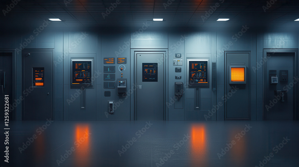 Poster futuristic control center featuring advanced technology and automated systems, illuminated by orange