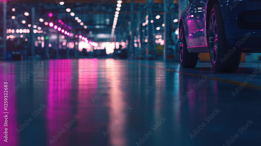 Aufkleber futuristic assembly line environment with smart technology and vibrant lighting. scene captures slee