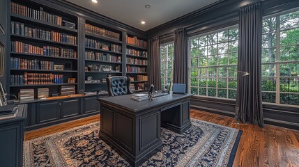 Elegant home office with dark wood furniture, bookshelves, and a view of a lush garden outside