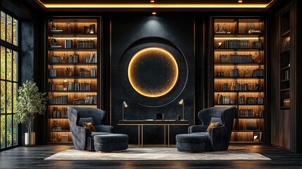 Modern interior design featuring stylish armchairs, illuminated bookshelves, and a circular wall art