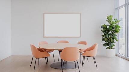 Modern conference room with round table and soft chairs, bright natural light from windows
