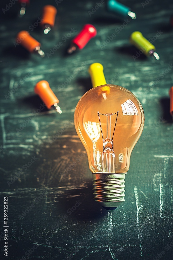 Aufkleber Light bulb shining on a table with colorful push pins suggesting ideas