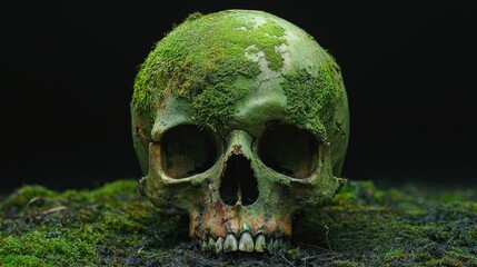 Moss-covered skull resting on a bed of green moss in a dark environment, evoking nature's reclaiming