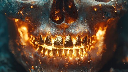 Glowing skull with golden teeth illuminated from within, set against a dark, mysterious background