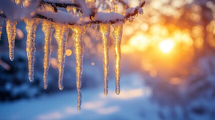 Icicles hanging from a snowy branch illuminated by a warm sunset in a winter landscape