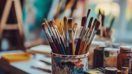 Neatly arranged paint supplies on a clean artist's table, emphasizing artistry and organization. Ideal for art and creative content.