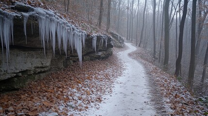 Serene winter trail winding through a foggy forest with icicles and fallen leaves