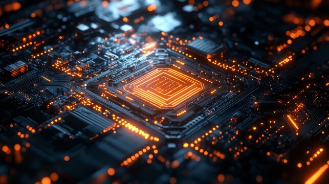 Abstract Circuit Board Background with Glowing Orange Elements