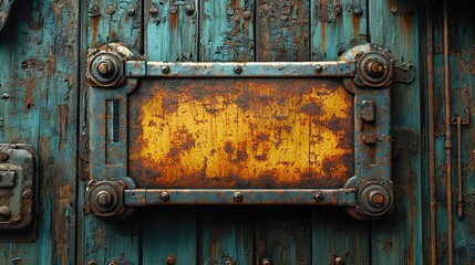 Rusty blue door with a worn yellow metal plaque, showcasing weathered textures and details