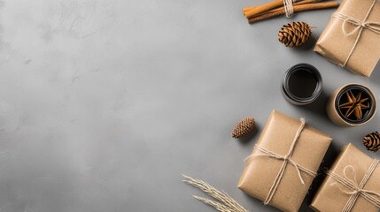 Wrapped gifts, pine cones, cinnamon, gray surface. Flat lay. Stock photo