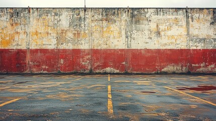 Weathered concrete wall with peeling paint and puddles in a deserted parking lot