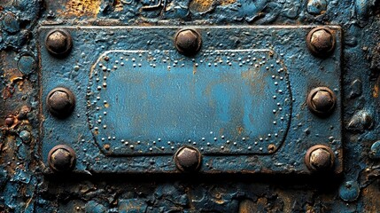 Close-up of an aged, rusted metal plate with rivets, showcasing textures and colors