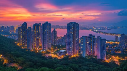Fototapeta premium Sunset cityscape, coastal apartments, hilltop view, harbor background, real estate
