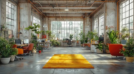 Bright and vibrant office space filled with greenery, featuring workstations and a cozy atmosphere
