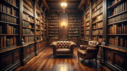A quiet library with rows of old leather-bound books and soft hushed whispers emanating from within the dimly lit space , reading nook, book storage