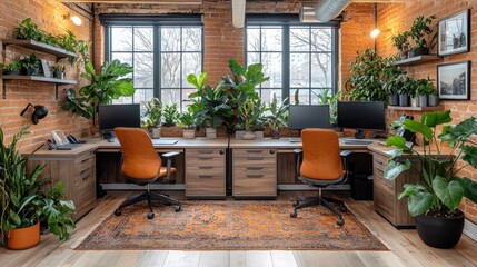 Modern office workspace with plants, featuring two desks and computers, bright natural light