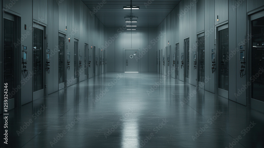 Poster modern automated production floor with sleek design and reflective surfaces, showcasing advanced tec