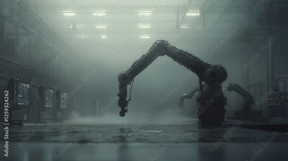 Aufkleber state of art automated production floor with robotic arms operating in foggy environment, showcasing