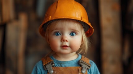 Baby wearing construction hat with toy tools