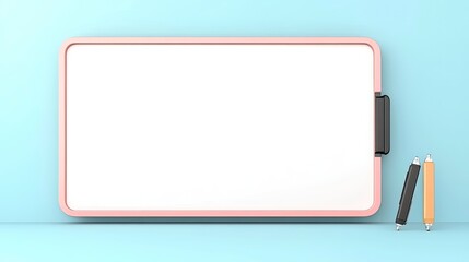 Empty whiteboard with colorful pens on a soft blue background, ideal for educational settings