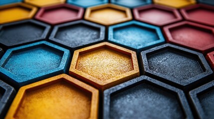 Colorful hexagonal patterns on textured surface, showcasing vibrant design elements for creative use
