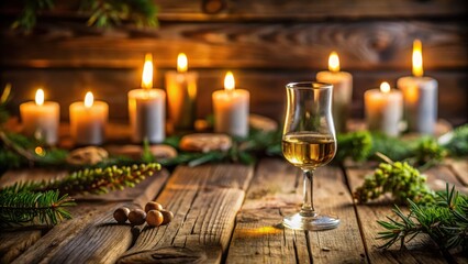 A glass of grappa sits elegantly on a rustic wooden table, surrounded by candles and natural elements, evoking warmth and coziness in an intimate setting , rustic, table