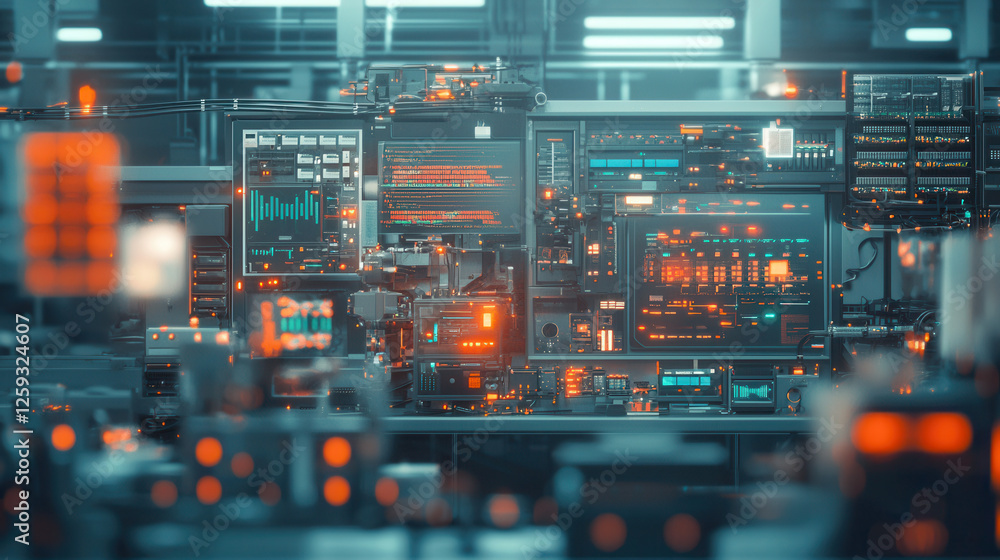 Aufkleber futuristic automated facility with advanced technology and glowing interfaces, showcasing complex ne