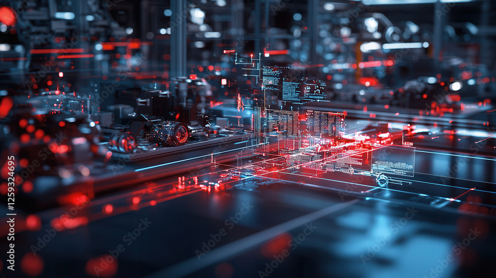 Poster futuristic smart factory environment with advanced technology and automation, showcasing digital int