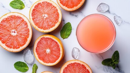 Overhead view of a grapefruit cocktail on a marble countertop, surrounded by halved grapefruits and mezcal ingredients, modern mixology flatlay