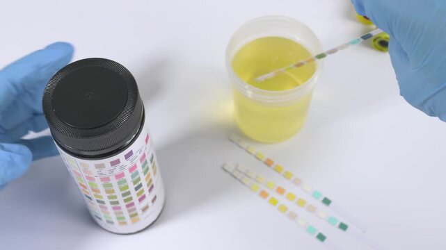 Gloved hands performing urine strip analysis and comparing colors