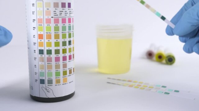 Gloved hands using a urine test strip and comparing results
