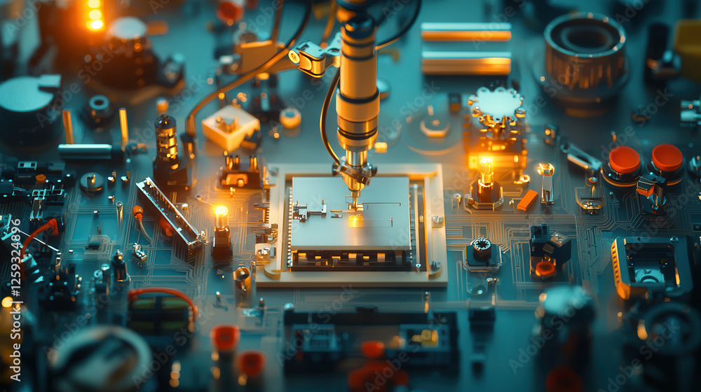 Poster advanced robotic arm assembling machinery on circuit board, showcasing intricate details and glowing