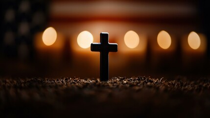 Faith Hope and Remembrance a Cross in Soil with American Flag and Candles Softly Glowing