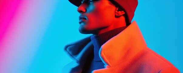 Fashionable Man in Stylish Outfit with Neon Lighting