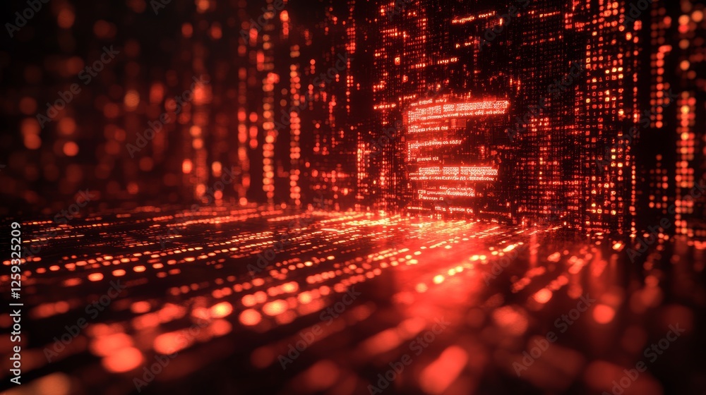 Poster red cyber security alert with glowing digital data flow background