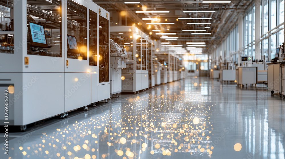 Poster advanced smart production environment with automated machinery and bright lighting creates efficient