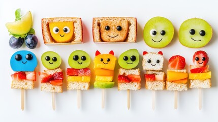 Obraz premium A child cute snack box, tiny sandwiches, fruit skewers, fun character faces, vibrant and cheerful, isolated on white background