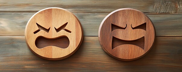 Two wooden discs showing angry emojis expressing frustration