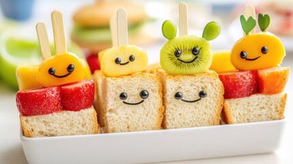A child cute snack box, tiny sandwiches, fruit skewers, fun character faces, vibrant and cheerful, isolated on white background