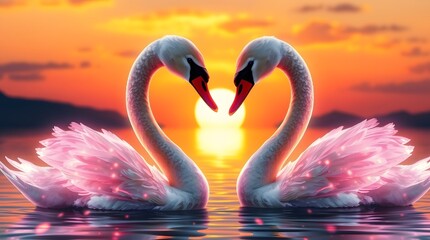 Fototapeta premium Romantic Swans Forming Heart Shape on Water at Sunset Glow