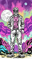 Stylish man in futuristic clothing stands confidently in a colorful alien landscape 