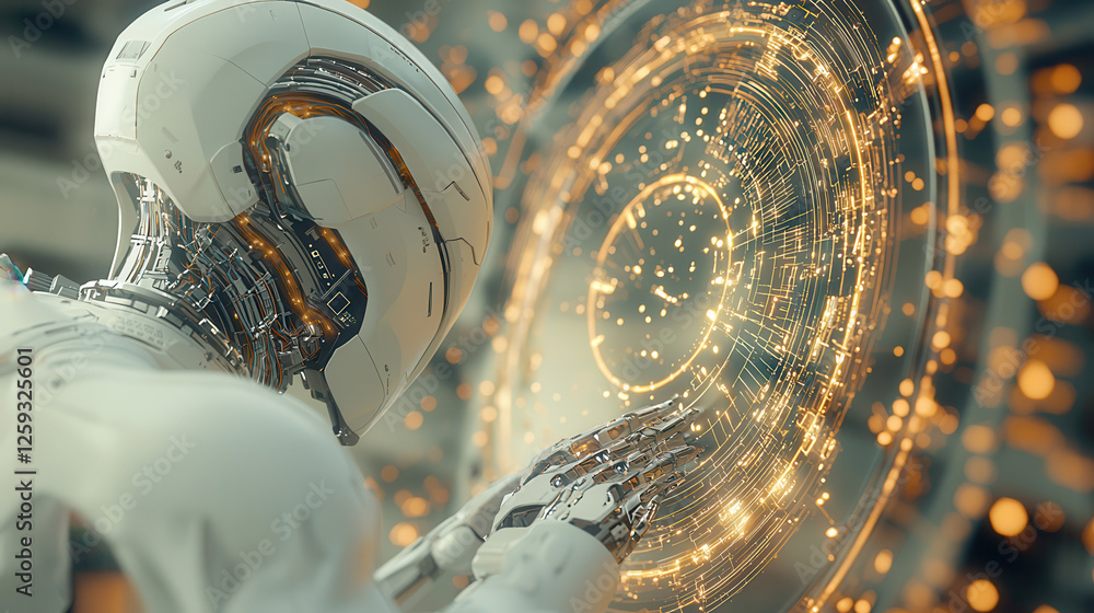 Poster futuristic robot interacting with glowing digital interface, showcasing advanced technology and intr