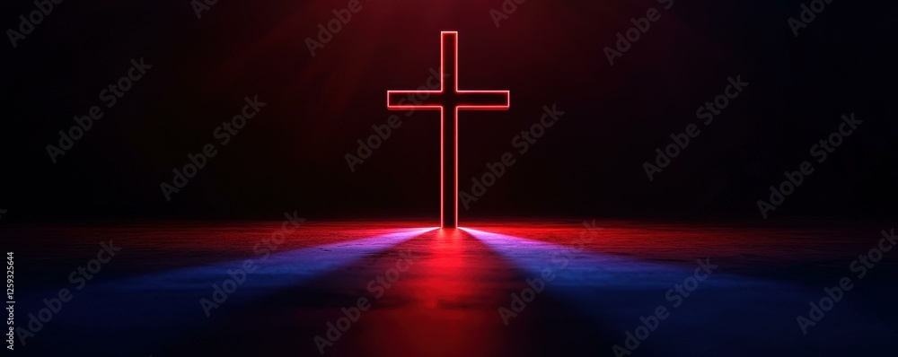 Poster glowing cross in dark space with atmospheric lighting and red and blue color scheme representation