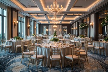Elegant Upscale Event Venue with Stylish Table Arrangements and Sophisticated Atmosphere